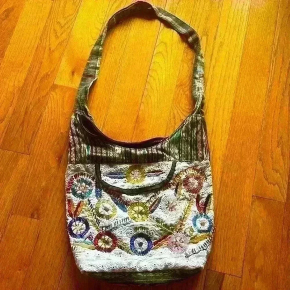Patchwork Embroidered Hippie Boho Hobo Bag Crystal Beads Gypsy Crossbody Purse - Picture 1 of 9